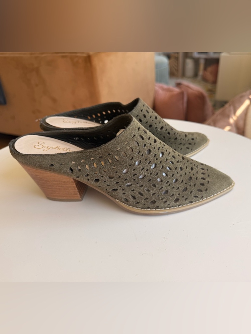 Olive Perforated Suede Mule Heels - Women